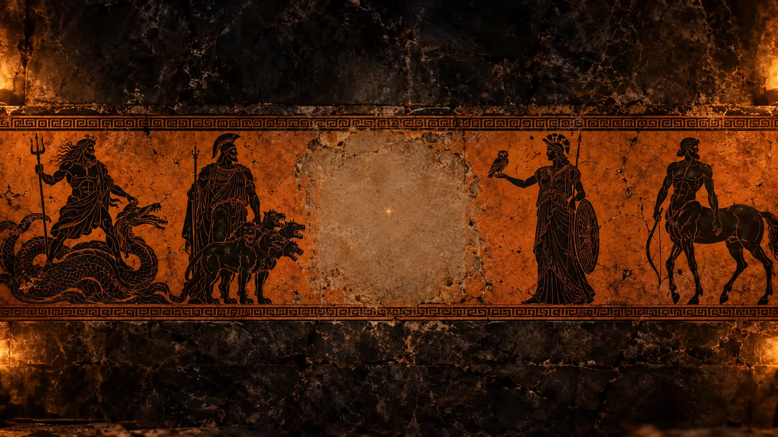 Frise de la chaîne AIONIA, Poséidon, un hoplite et Cerbère, Athéna et un centaure, en figures noires sur fond ocre
