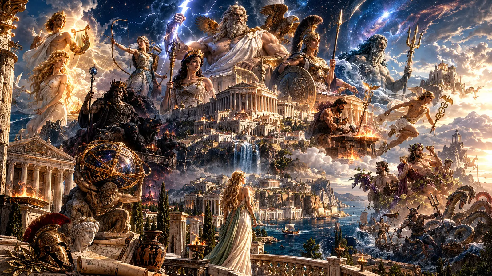 Panorama de travail, les dieux de l'Olympe au-dessus d'une cité grecque et de la mer
