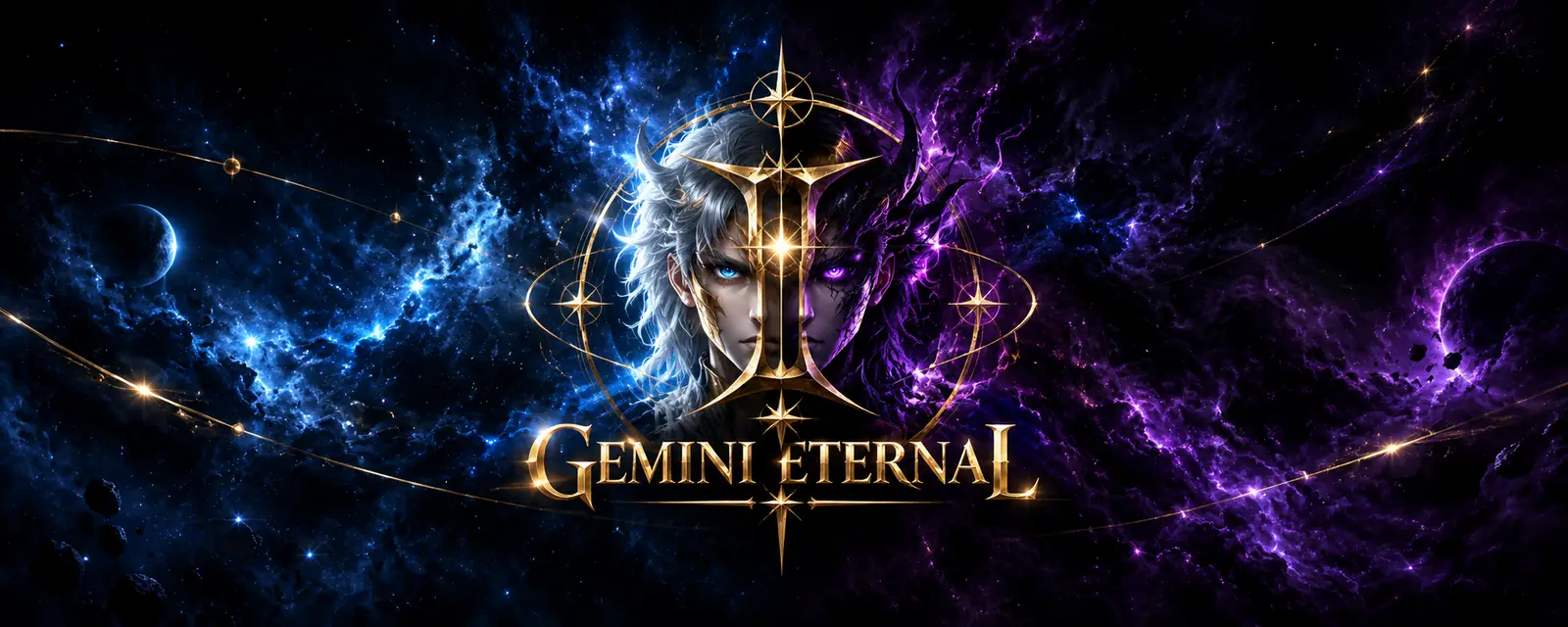 Bannière Gemini EternaL, le jumeau scindé entre une nébuleuse bleue et une nébuleuse violette